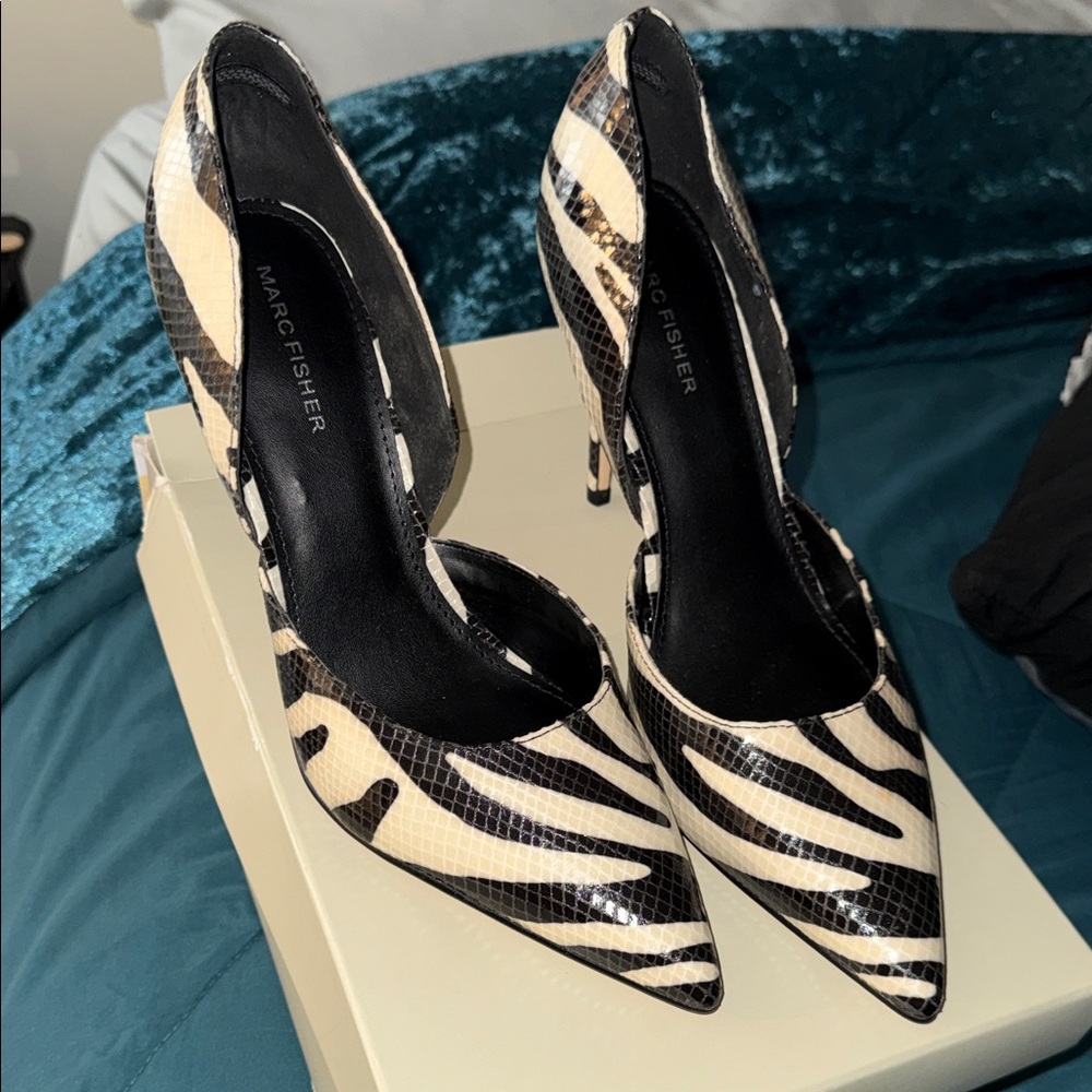 Marc Fisher Black and Cream Animal Print Heels